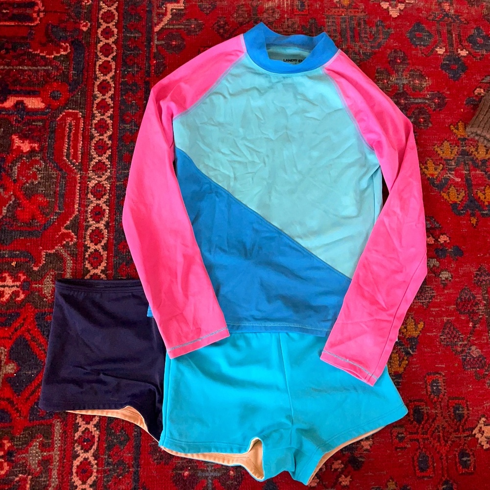 Girls Lands' End Size 7 Swim Set - Two bottoms and Long sleeve Rashgaurd  Top